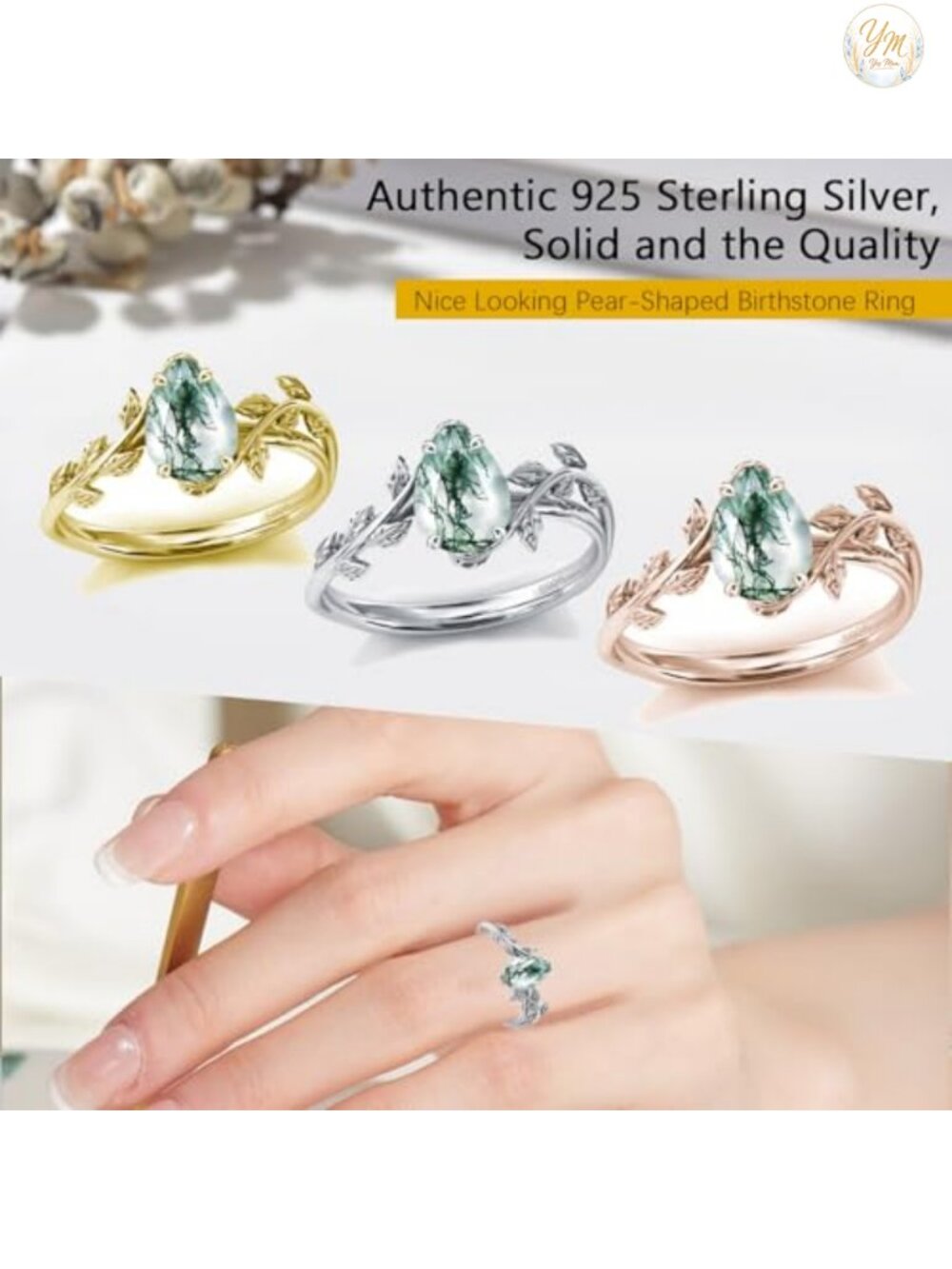 Moss Agate Sterling Silver Engagement Ring Pear Solitaire Size 7 - Picture 3 of 3